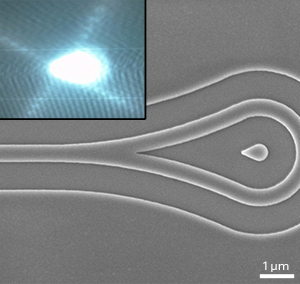 Scanning electron microscope image of the silicon-based micro-loop mirror. Light entering the waveguide from the left is guided around the loop and redirected back into the laser structure. The inset shows the laser spot photographed with an infrared camera.