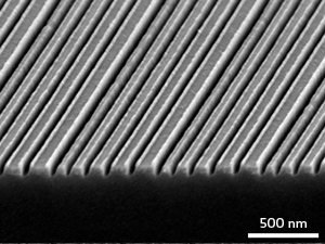 A scanning-electron micrograph of a test sample used to demonstrate a superlens's resolving power of better than 50 nanometers.