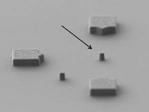 Oblique angle scanning electron microscopy image of a 500 nanometer diameter microdisk.
