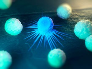 Altered gene promoters in gastric cancer cells (blue) helps them evade detection by cells of the immune system (green).