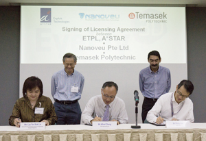 Conclusion of the licensing agreement between A*STAR, Temasek Polytechnic (TP) and Nanoveu Pte Ltd to enable the marketing of EyeFly3D. Standing: Andy Hor (left), executive director of the IMRE, and Raj Thampuran (right), managing director of A*STAR. Seated (left to right): Lay-Tan Siok Lie, deputy principal of TP; Alfred Chong, CEO of Nanoveu; Philip Lim, CEO of ETPL (Exploit Technologies Pte Ltd), the technology transfer arm of A*STAR.