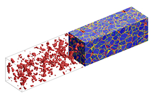 A simulation of nanocrystalline nickel under strain shows voids (red) appearing as the grains slide around.
