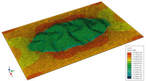 A finite element simulation of a viscoelastic dielectric elastomer actuator, which undergoes wrinkling under voltage.