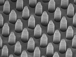 Using carefully selected combinations of metals, it is possible to etch intricate patterns onto a silicon surface, as shown above.