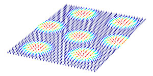 Schematic array of magnetic skyrmions in a uniformly magnetized background. Arrows denote the orientation of magnetic spins forming the skyrmion structures.