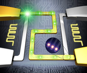 This illustration shows two tunnel junctions coupled together by a plasmonic waveguide in the center. When a voltage is applied to the source junction, tunneling electrons excite surface plasmons, which propagate along the plasmonic waveguide and modulate the tunneling current at the detector junction. Inset: A light emission image of tunnel junctions, showing plasmons scattering from the end of the plasmonic waveguide.