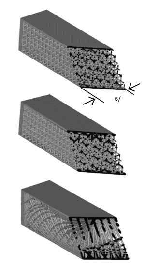 Lattice designs: (top) uniform benchmark, (middle) diameter graded and (bottom) spatially graded.